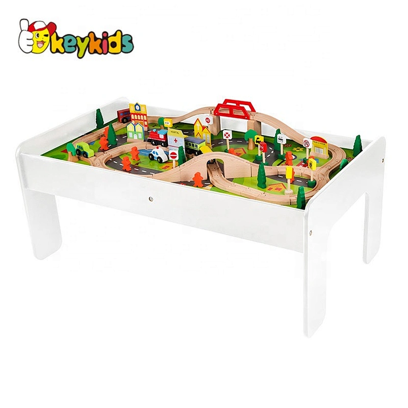 New design 90PCS white wooden train play table for children W04C009C