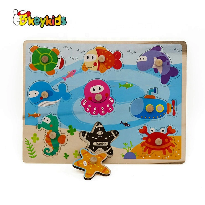 2019 New design baby preschool wooden sea animal puzzle with knob W14M156