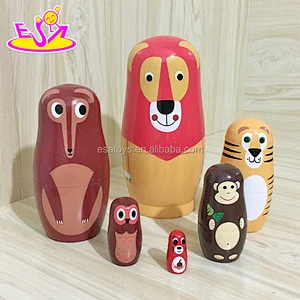 wholesale cheap 6 in 1 cartoon wooden russian nesting dolls toy for kids W06D101