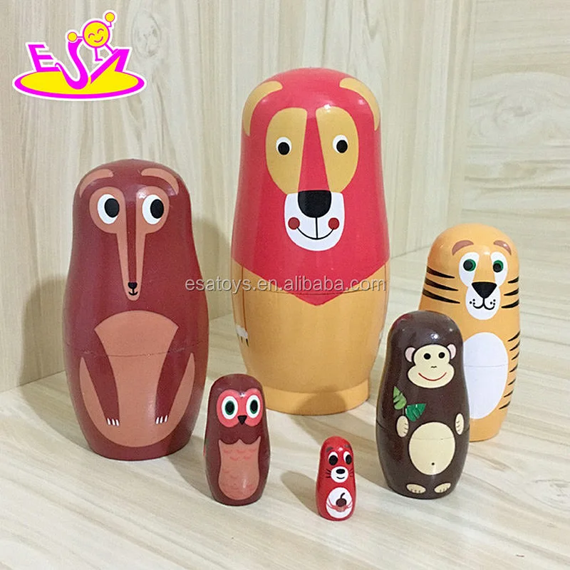 wholesale cheap 6 in 1 cartoon wooden russian nesting dolls toy for kids W06D101