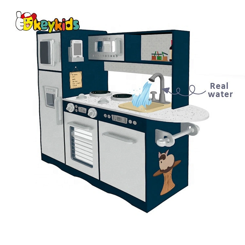 New design interactive play wooden toy kitchen set with real water W10C624