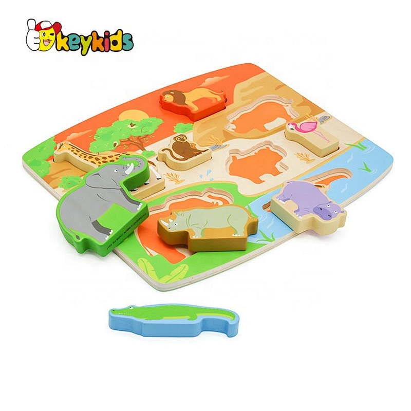 2019 New design cartoon wooden animal kingdom puzzle for children W14D091