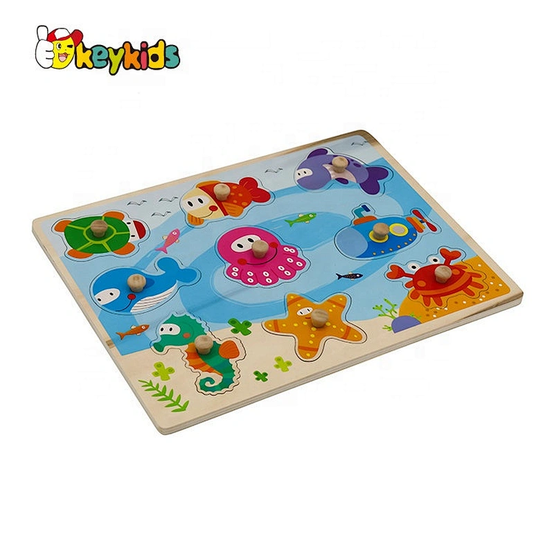 2019 New design baby preschool wooden sea animal puzzle with knob W14M156