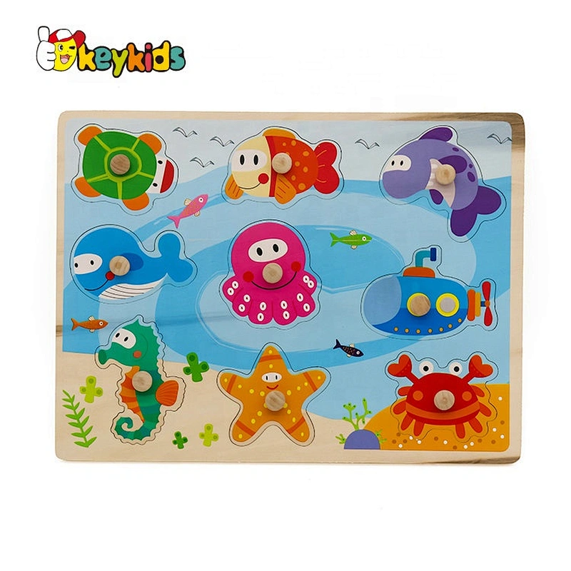 2019 New design baby preschool wooden sea animal puzzle with knob W14M156
