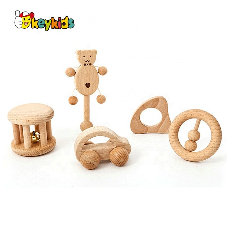 High quality grasping organic wooden rattle with bells W07I172