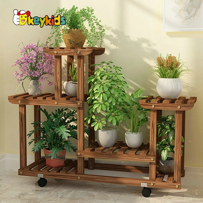 Top sale multi-tier classical wooden plant display stand with wheels W08H116B