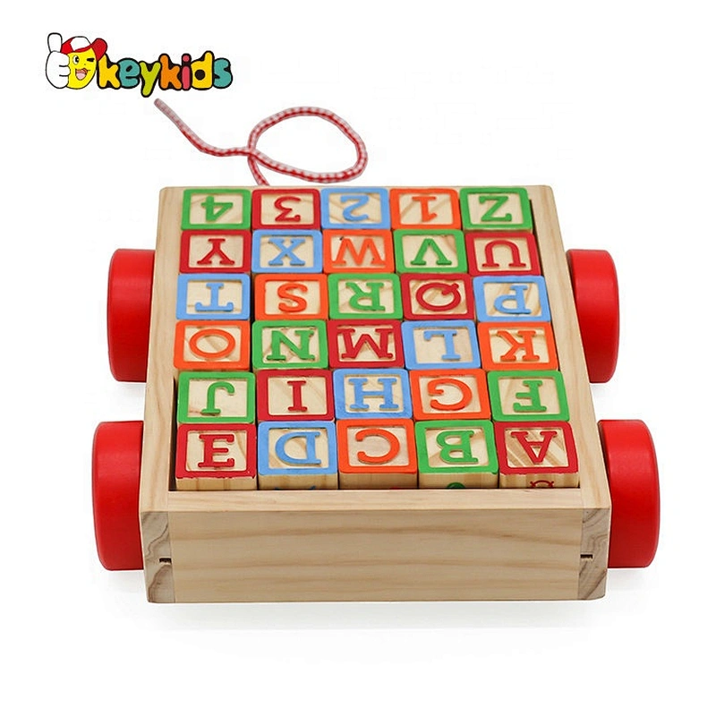 2021 Customize preschool wooden pull along blocks wagon for kids W13C045