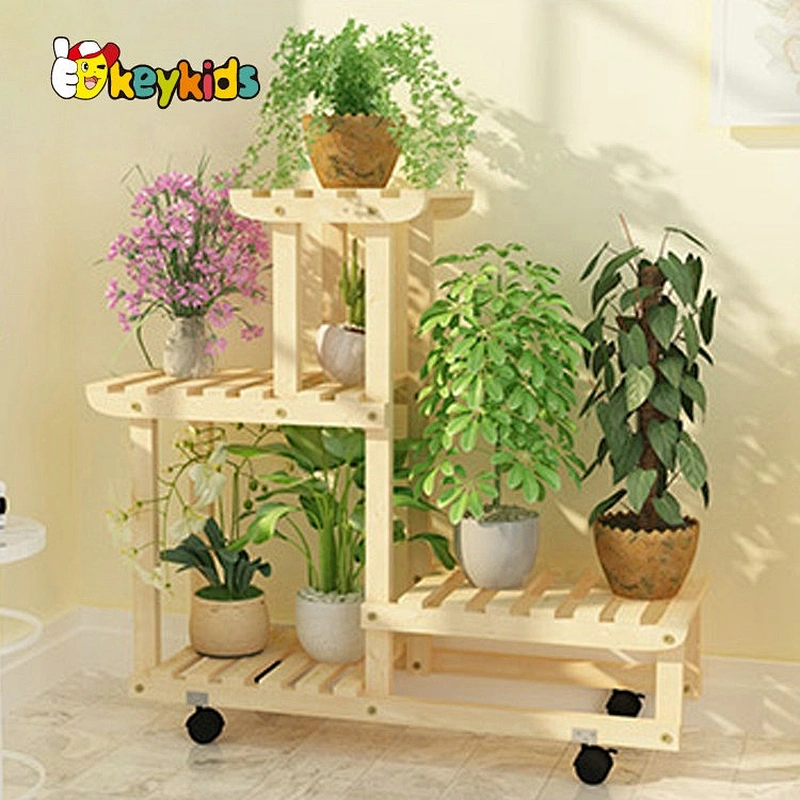 Top sale multi-tier classical wooden plant display stand with wheels W08H116B