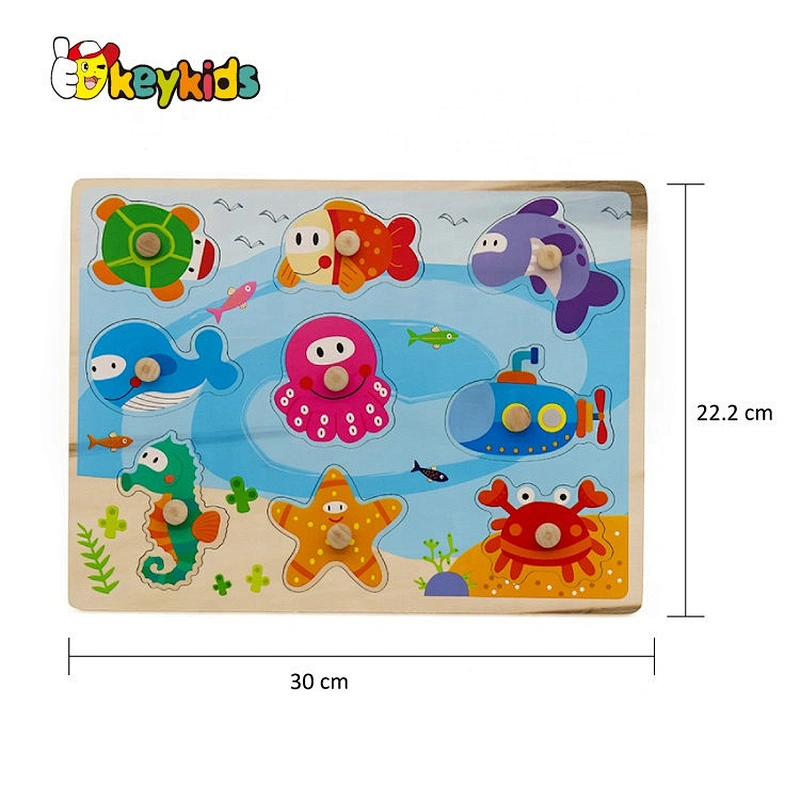 2019 New design baby preschool wooden sea animal puzzle with knob W14M156