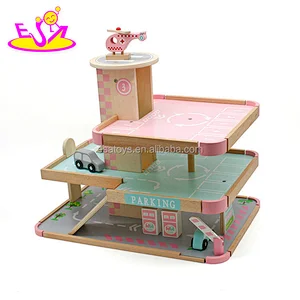 Best design girls pink wooden car garage toy set for kids W04B056