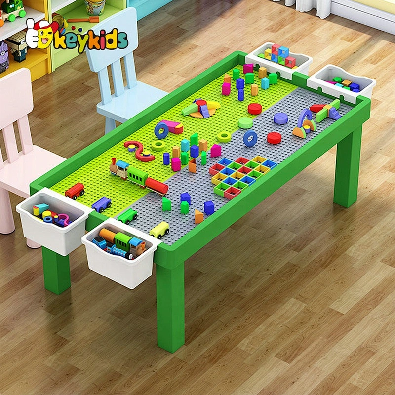 Customize 2 in 1 yellow wooden building bricks table for toddlers W08G290C