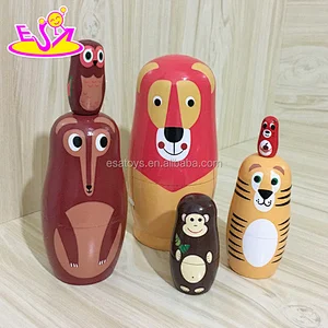 wholesale cheap 6 in 1 cartoon wooden russian nesting dolls toy for kids W06D101