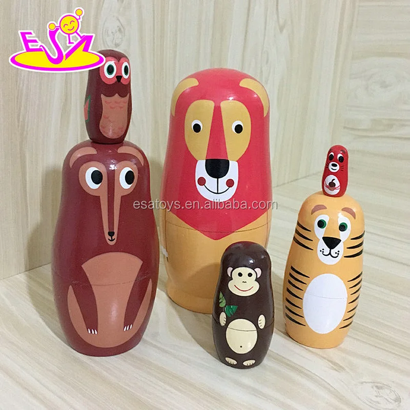 wholesale cheap 6 in 1 cartoon wooden russian nesting dolls toy for kids W06D101