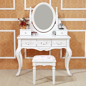 Popular Pink Wooden Dressing Table With Mirror, Chair W08H002