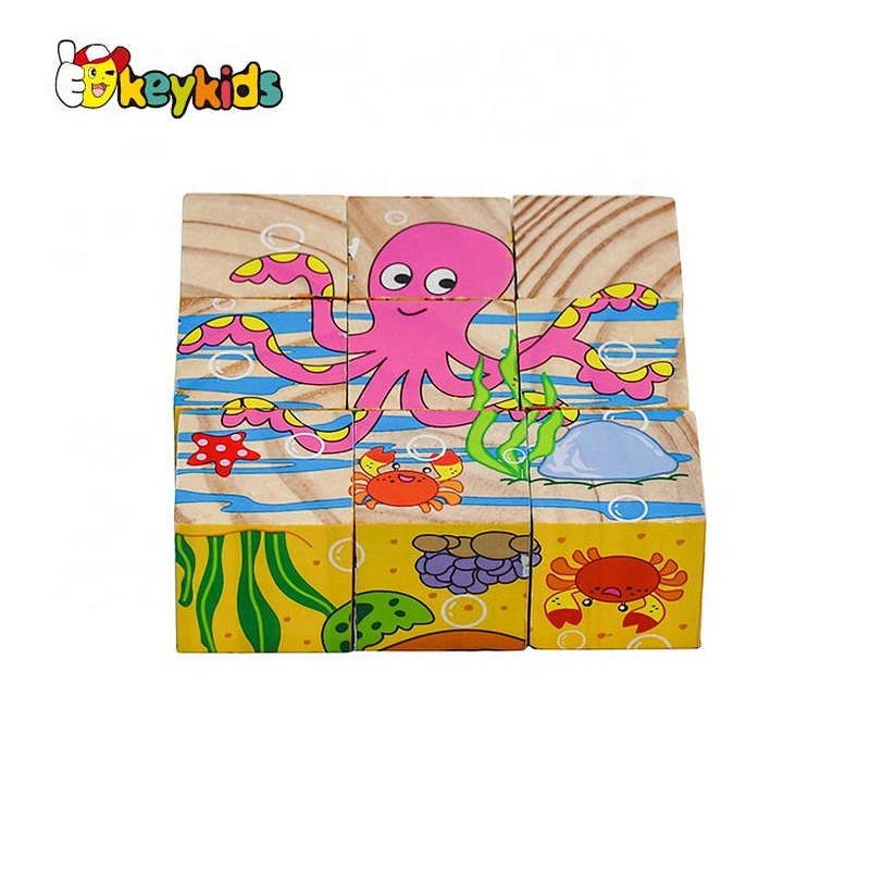 Cusomize 4 sides educational wooden block puzzle cube for kids W14F070