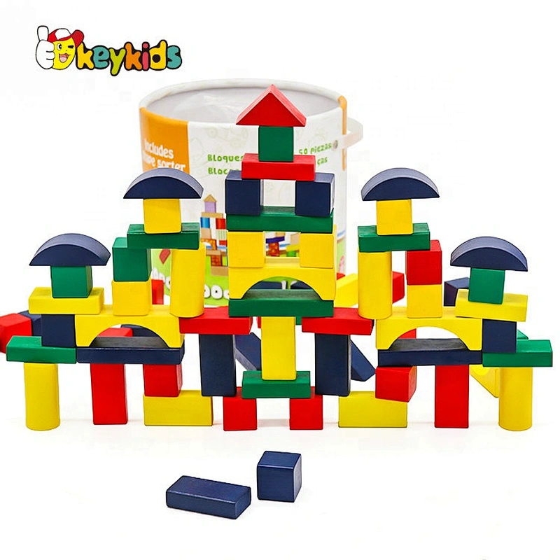 New arrival colorful 50 pcs safe hardwood building block sets with storage bucket W13B041