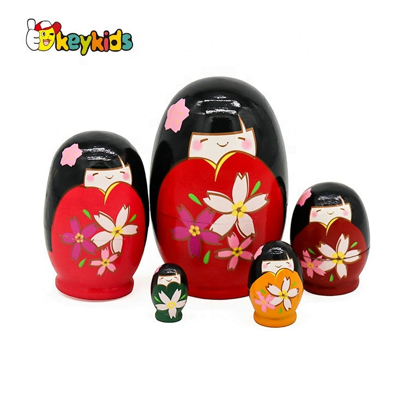 Hand paint 5 in 1 wooden russian stacking dolls with customize W06D149