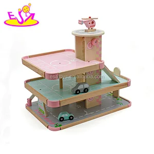 Best design girls pink wooden car garage toy set for kids W04B056