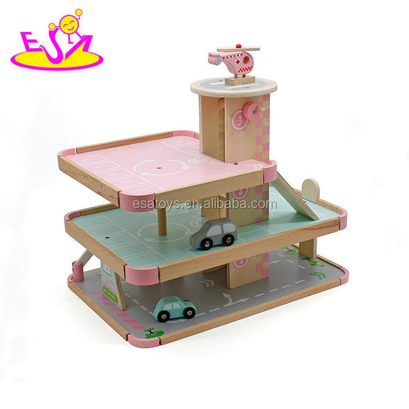 Best design girls pink wooden car garage toy set for kids W04B056