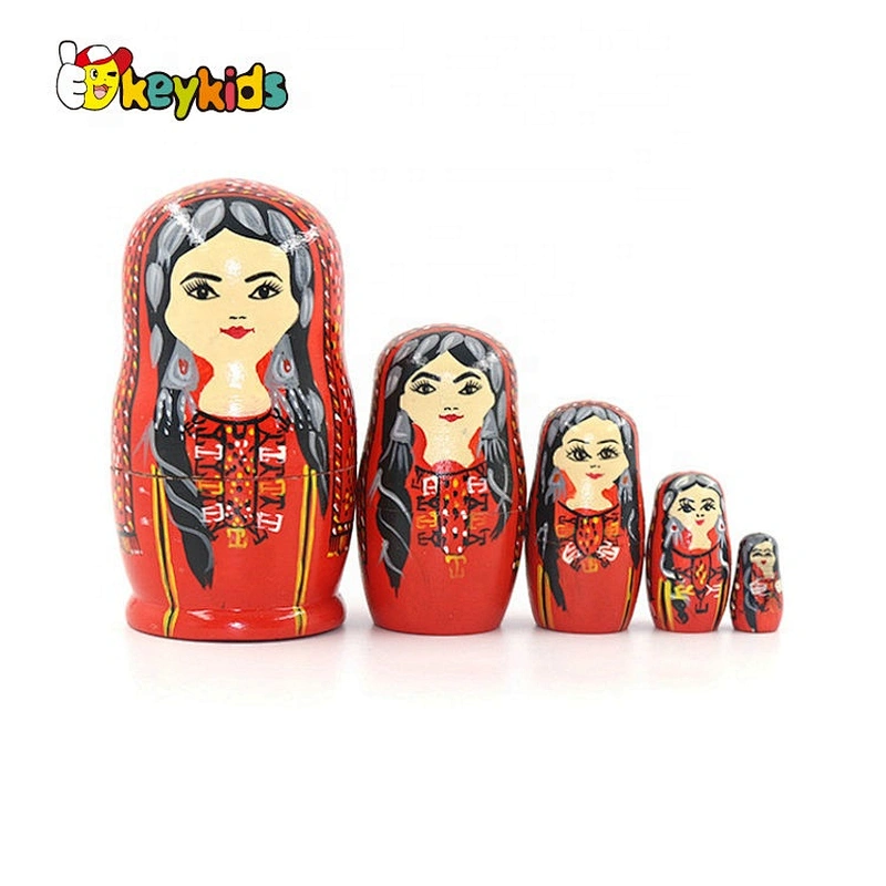 Hand painted 5 in 1 wooden toy nesting dolls for children W06D144