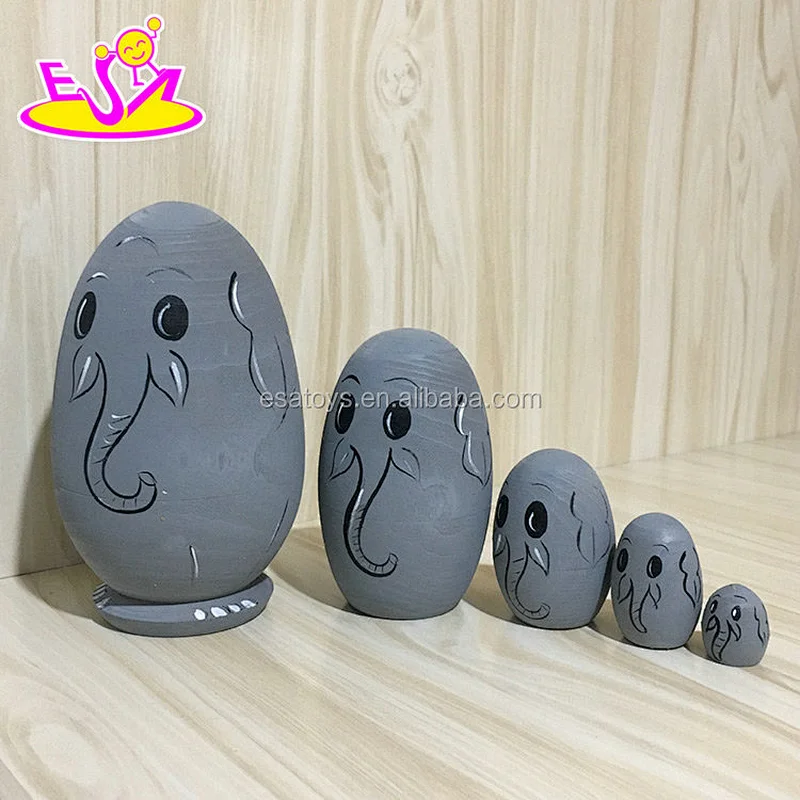 2018 New design children stacking wooden egg nesting doll with cartoon pattern W06D108