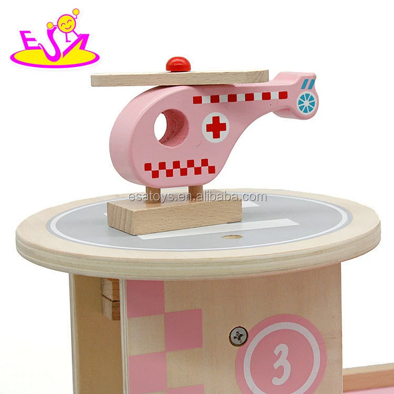 Best design girls pink wooden car garage toy set for kids W04B056