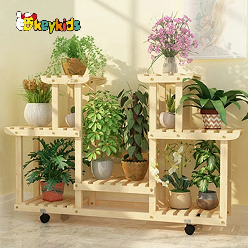 Wholesale classical multi-tier brown wooden plant stand with wheels W08H118B