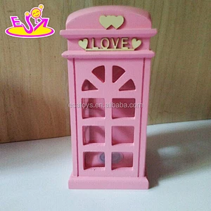 Customize telephone booth shape wooden white piggy bank for kids W02A272