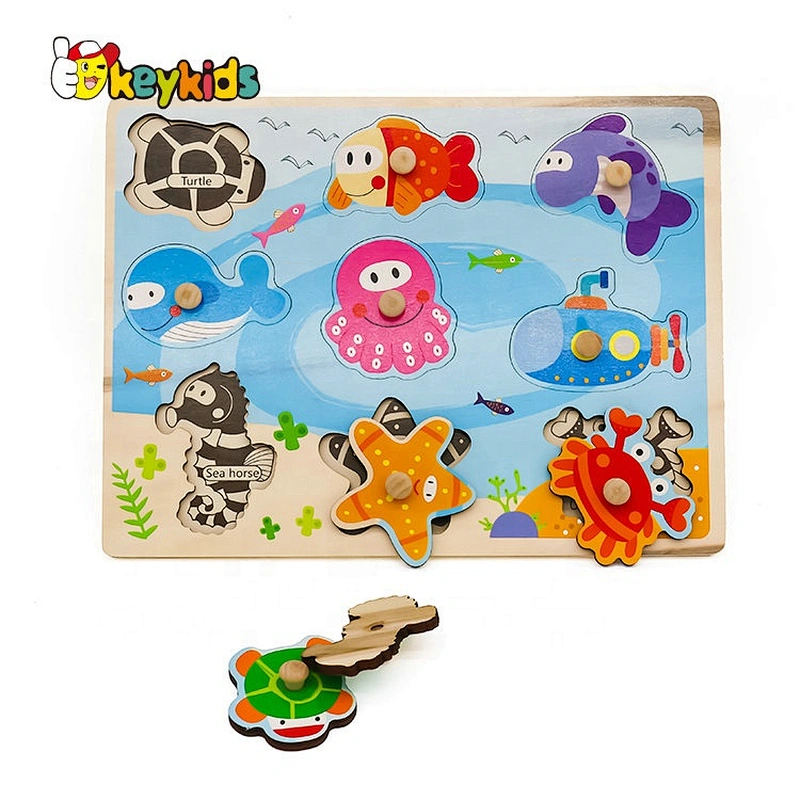 2019 New design baby preschool wooden sea animal puzzle with knob W14M156