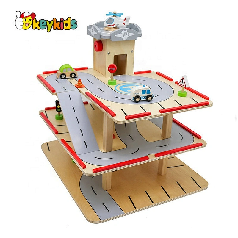 2019 New design educational play set wooden kids car garage with customize W04B077