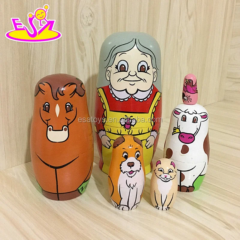 wholesale cheap 6 in 1 cartoon wooden russian nesting dolls toy for kids W06D101