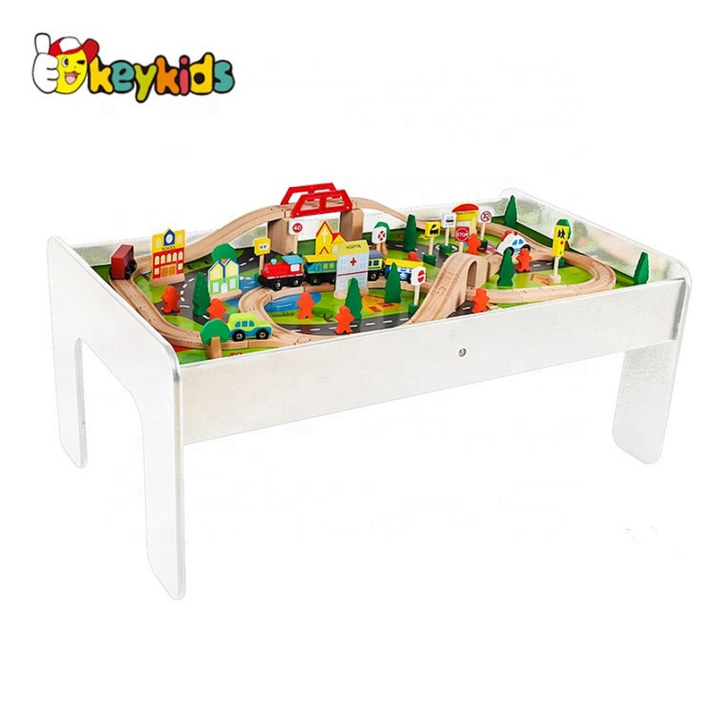 New design 90PCS white wooden train play table for children W04C009C