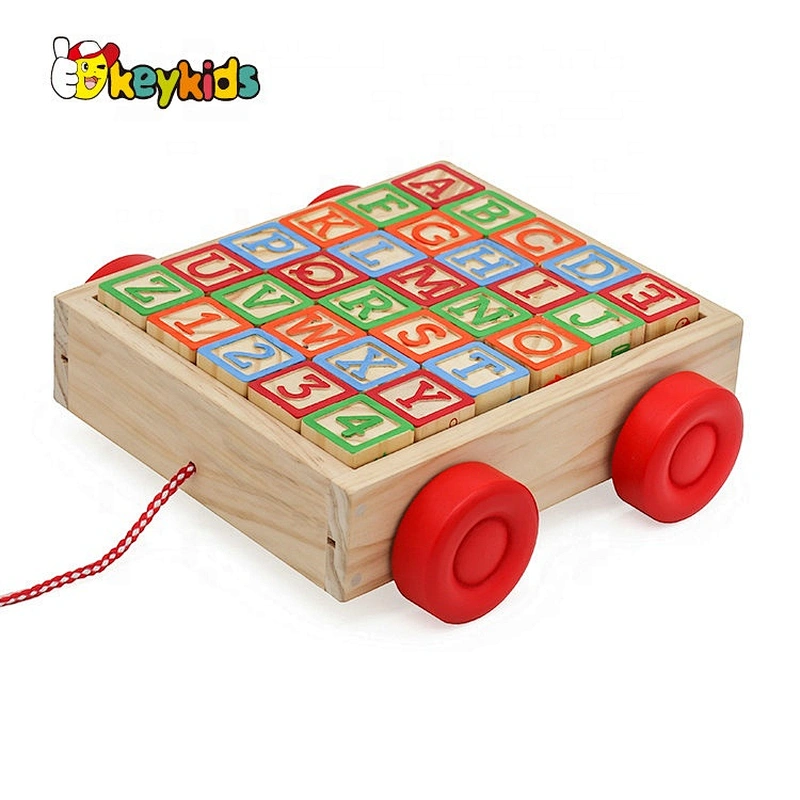 2021 Customize preschool wooden pull along blocks wagon for kids W13C045