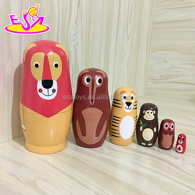 wholesale cheap 6 in 1 cartoon wooden russian nesting dolls toy for kids W06D101