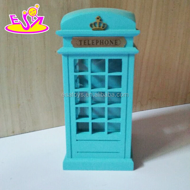 Customize telephone booth shape wooden white piggy bank for kids W02A272