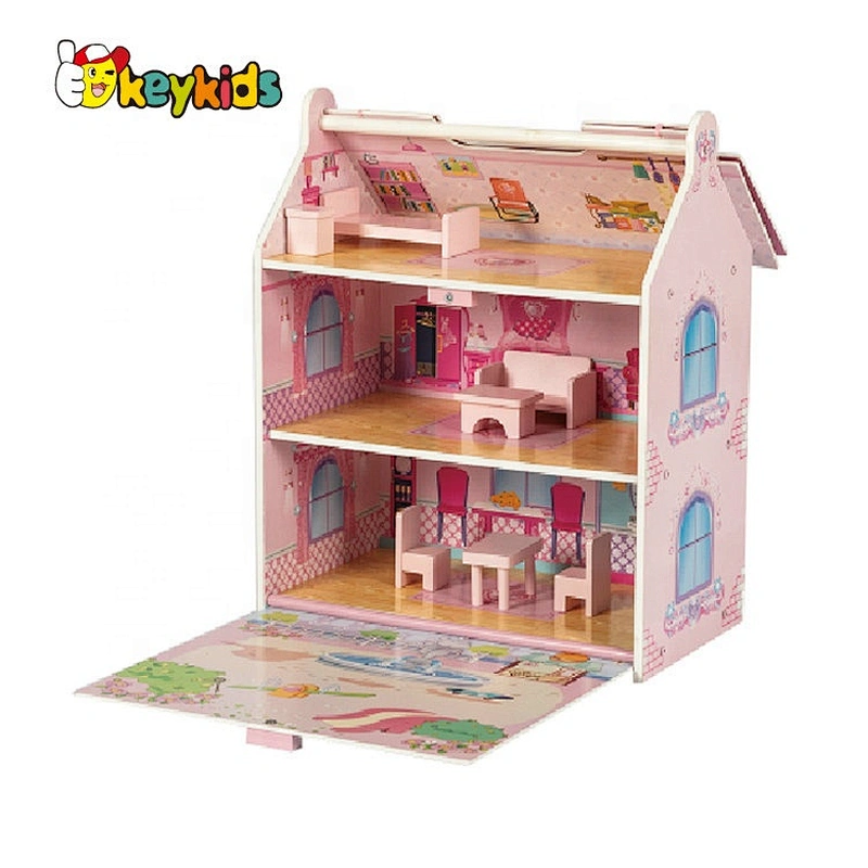 Factory Customize pretend play mini wooden portable doll house for girls W06A434
