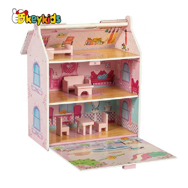 Factory Customize pretend play mini wooden portable doll house for girls W06A434