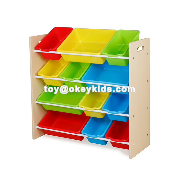 toy shelves with bins