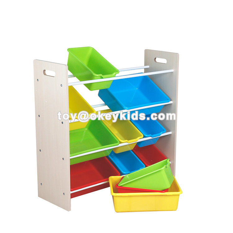 toy shelves with bins