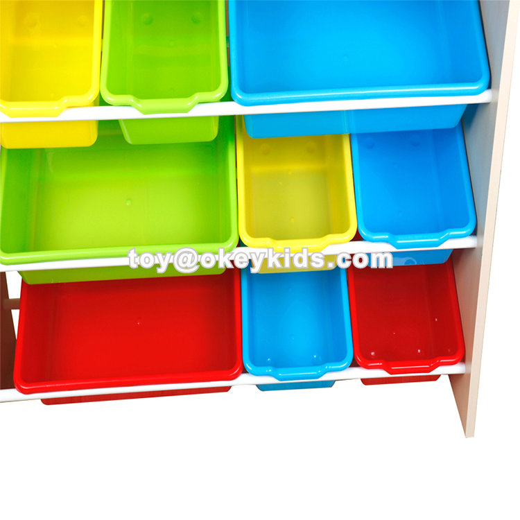 toy shelves with bins