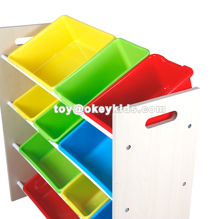 toy shelves with bins