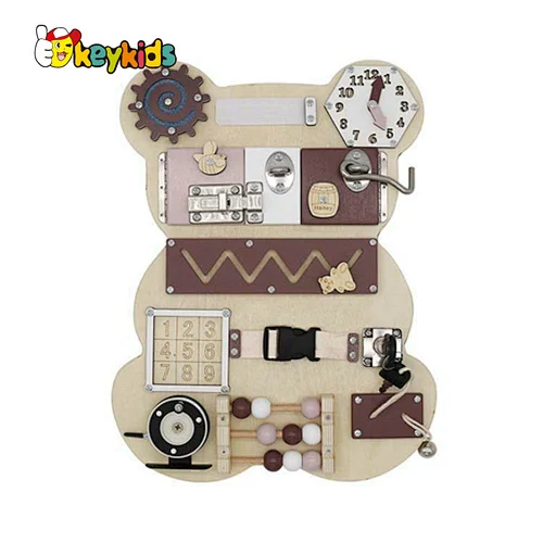 Handmade Montessori Busy Board Bear Wooden Baby Sensory Activity Boards with Keys Lock Latches For Travel Car Plane W12D369