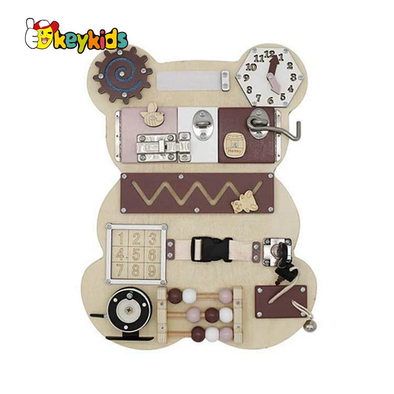 Handmade Montessori Busy Board Bear Wooden Baby Sensory Activity Boards with Keys Lock Latches For Travel Car Plane W12D369