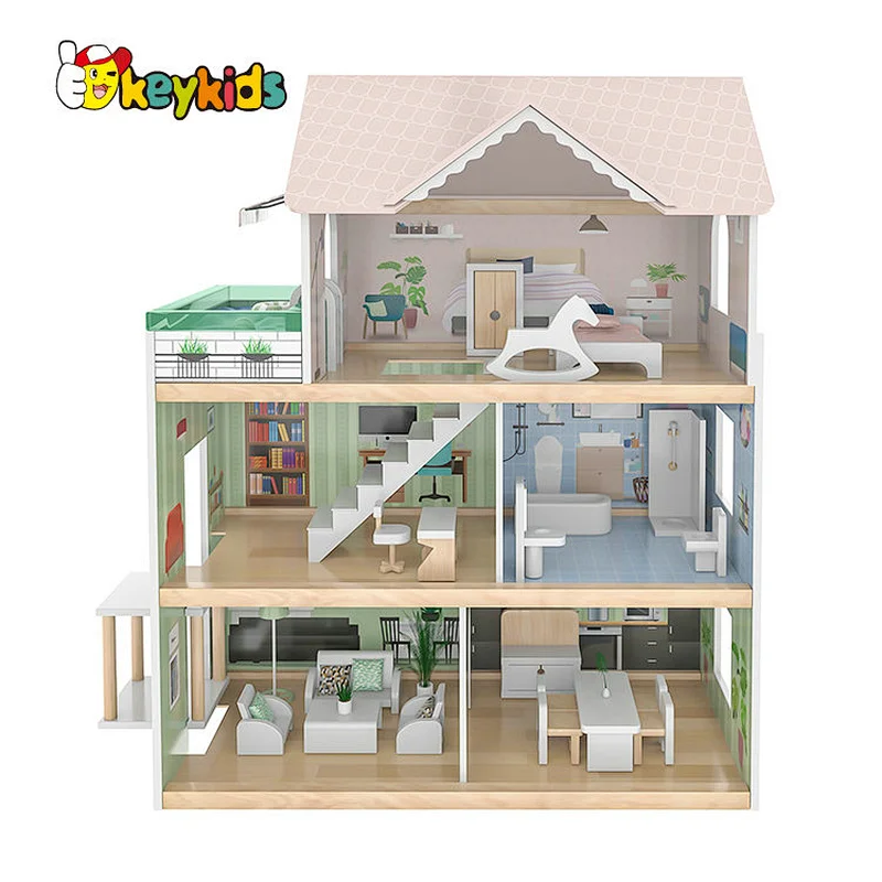 Factory Customize girls miniature wooden doll house with elevator W06A470