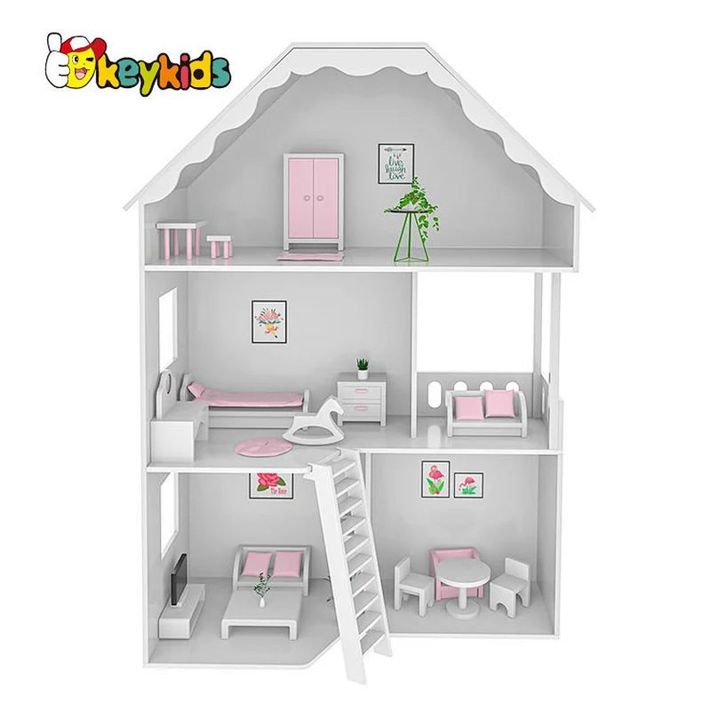 Customize multilayer children wooden white dollhouse with stair W06A460