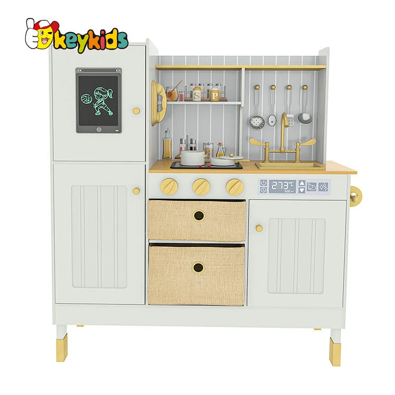 Children large pretend cooking wooden toy kitchen with fridge W10C692