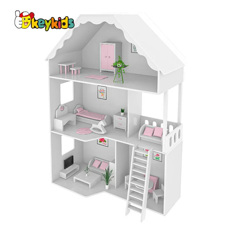 Customize multilayer children wooden white dollhouse with stair W06A460