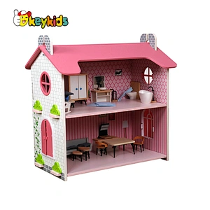 Factory Customize pink miniature wooden doll house for girls W06A424