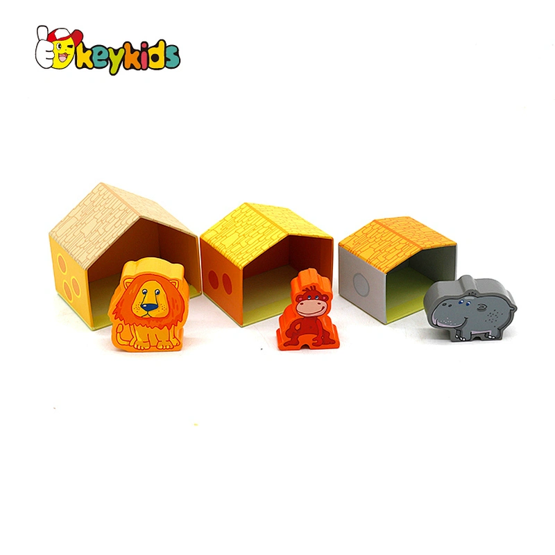 Customized Preschool Wooden Animal Blocks With House W13D342