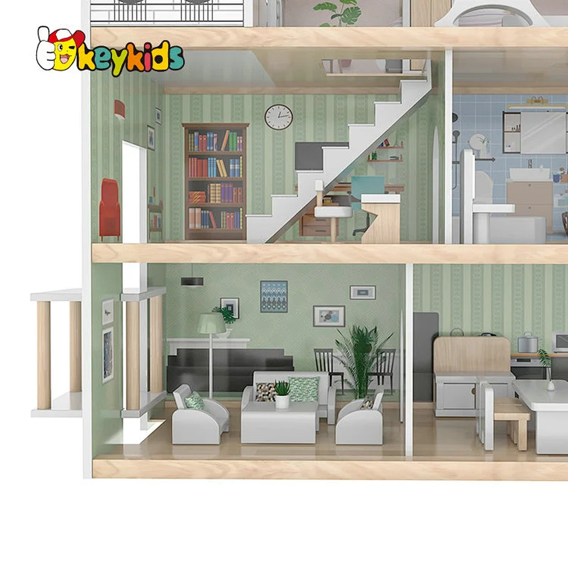Factory Customize girls miniature wooden doll house with elevator W06A470